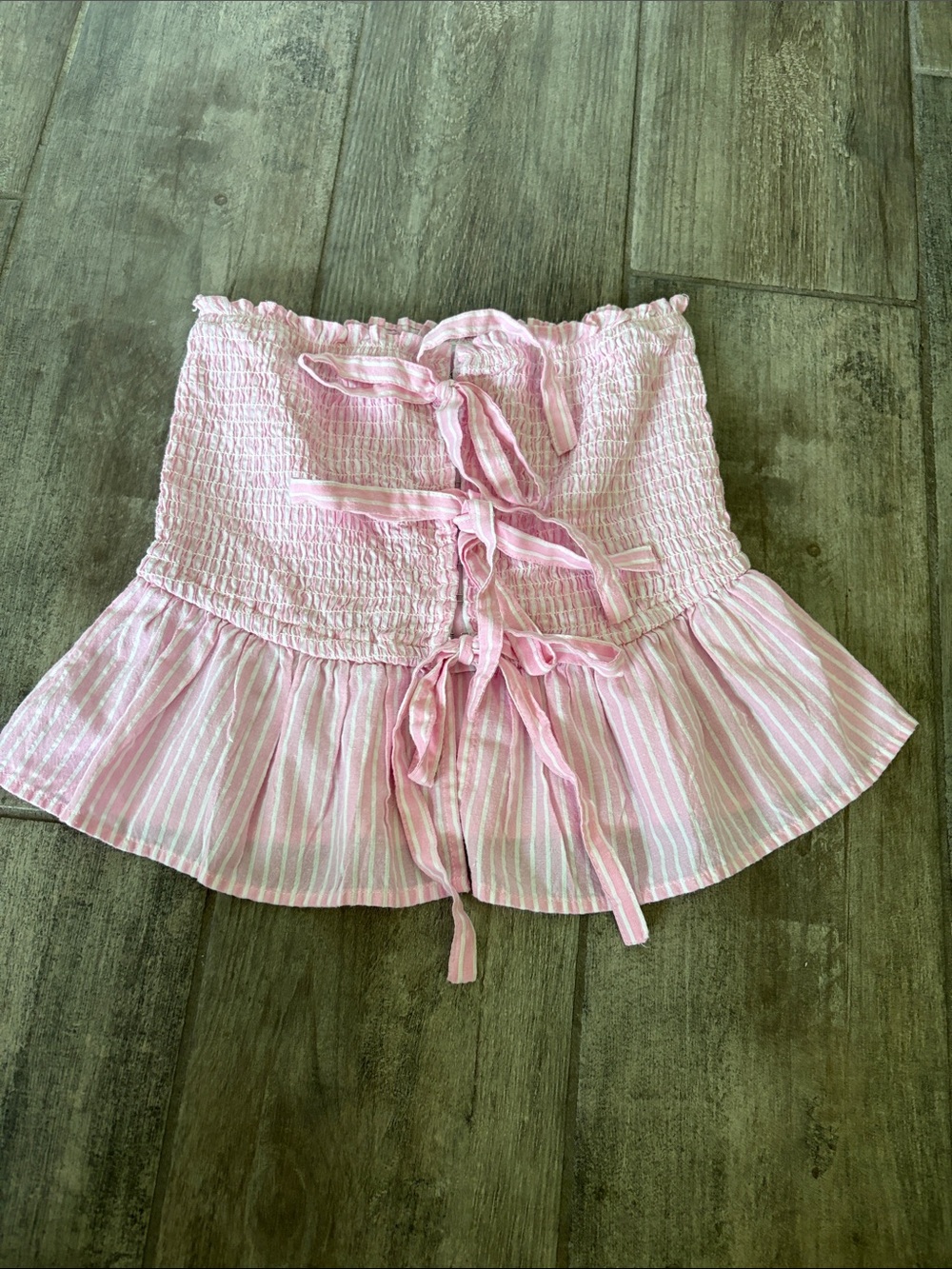 Smocked Pink Striped Tie-Front Ruffle Hem Top